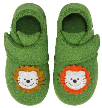 Hausschuhe aus Wolle + TPR Sohle mit Klett regulierbar von NANGA in Grün * Lion King 2.0 *