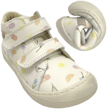 Barfußschuhe aus Leder mit Doppelklett Modell AMUR in Milk Summer Design von NATURINO