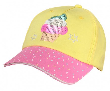 Mädchen Cap in Gelb mit pinkem Schirm &amp; Wendepailletten Pic Eisbecher von MAXIMO 919876
