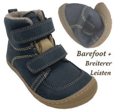 Wollgefütterte Barfußstiefel mit TEX M.aus Leder in Jeansblau KARO Barefoot+ KOEL 07W003.123