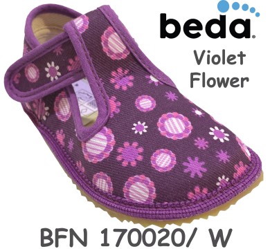 Hausschuhe/ Barfußschuhe Violet Flower aus BW Canvas, 3 mm Profil Sohle von BEDA BFN 170020/W