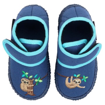 Super flexible Hausschuhe mit Klett, BW & Naturgummi Sohle in Jeansblau * Faultier * von Nanga