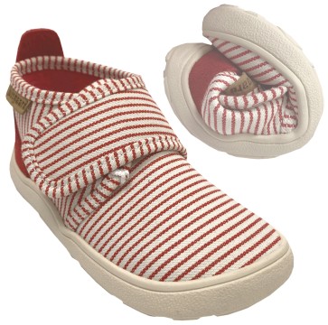Hausschuhe in Rot/Weiß gestr. mit Klett, quer & längs flexible Minimalsohle BISGAARD Basic