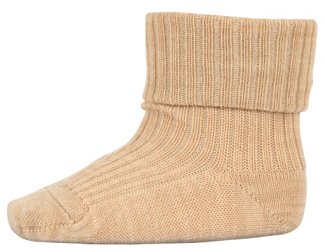 Wollsocke mit Umschlagbund aus Superwasch Soft Merino Wolle Artikel 589 in 1230 Camel Melange