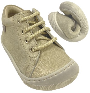 Barfußschuhe *AMUR * Suede Leder Schnürer mit Zipp in Platinum Gold Glitter von NATURINO