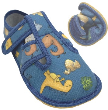 Textil Slipper / Hausschuhe mit Krepp Sohle * bunte DINO`s auf Jeansblau * von CRAVE