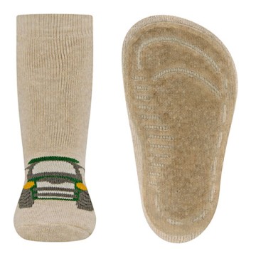 Stoppersocken aus BW Vollfrottee Softstep Sohle v. EWERS in Beige Melange mit Traktor Motiv 221351