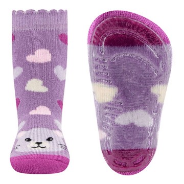 Stoppersocken aus BW Vollfrottee Softstep Sohle v. EWERS in Flieder mit Katzen &amp; Herzen 221320