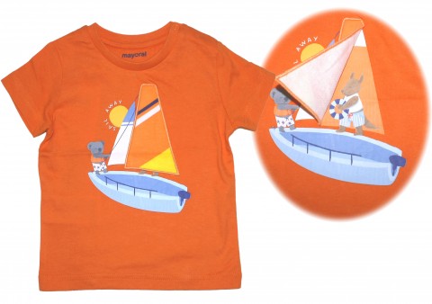 Frech witziges T-Shirt aus reiner BW in Orange mit surfendem Bär 3 D Effekt von MAYORAL 1007