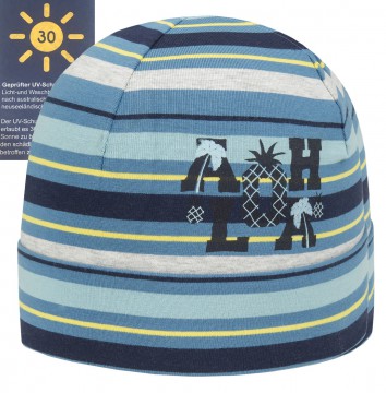 Topfmütze aus Jersey Baumwolle ALOHA Print auf bunten Streifen in Blau von DÖLL UV30 1739840603-3176