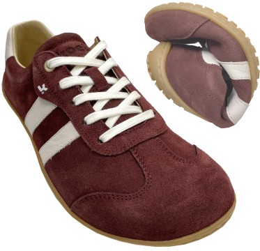 Barfuß Sneaker aus Nubukleder in Bordeaux Rot mit Weißem Str. von KOEL "ILA Suede"