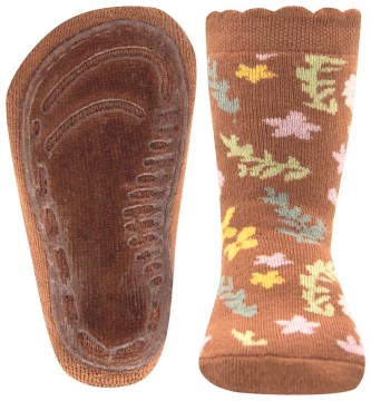 Stoppersocken aus BW Vollfrottee Softstep Sohle v. EWERS in Rotbraun FLOWER Muster 221230