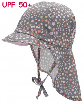 Schirmmütze mit Nackenschutz z.binden, in Steingrau + Mille Fleurs Muster UPF 50+ MAXIMO 087900