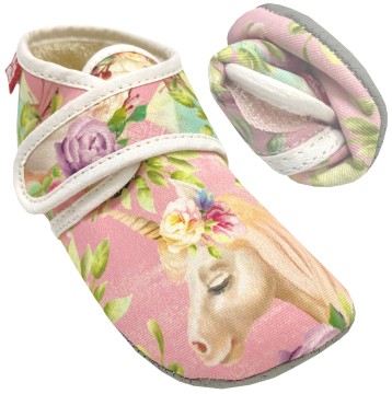 Knautschige Barfußhausschuhe mit Klett BIO BW + Anti Rutsch Sohle *Einhorn Rosa* von POLOLO