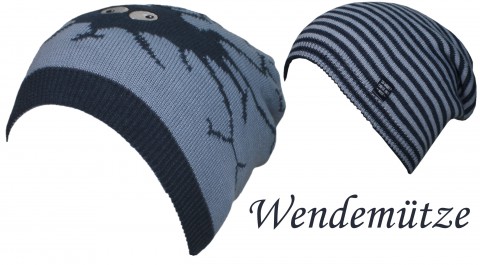 Strick Wendemütze / Wendebeanie in Denim Blue mit Monster Wendeseite Ringel von MAXIMO 819100