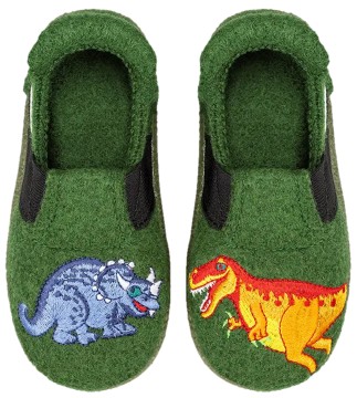 Schlupf - Hausschuhe aus Wolle, TPR Sohle von NANGA in Grün Modell * DINOS 2.0 *