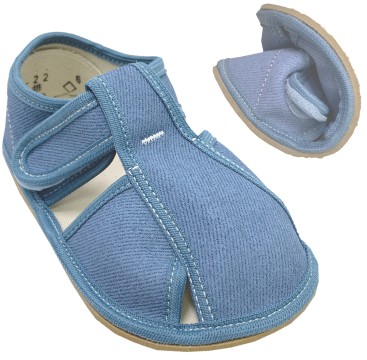 Hausschuhe / leichte Canvas Sandalen mit Klett / Barfußschuhe von BABY BARE Modell Denim Blue