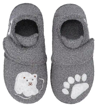 Hausschuhe aus Wolle + TPR Sohle mit Klett regulierbar von NANGA in Grau * Little Polar Bear 2.0 *