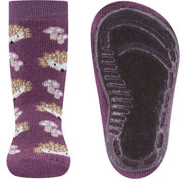 Stoppersocken aus BW Vollfrottee Softstep Sohle v. EWERS in Aubergine mit Igel Motiv 221373