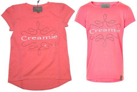 T-Shirt mit längerem Rücken in Coral / Pink Straß &amp; Logo Print von CREAMIE Modell AMYSHIRT