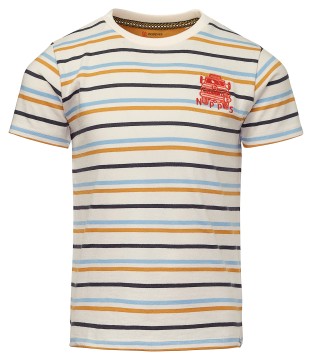 Schlichtes T-Shirt in Offwhite mit Ringeln in Ockergelb, Hellblau &amp; Marine von NOPPIES 2540011