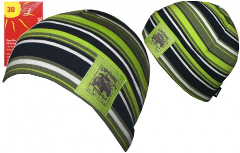 Topfmütze aus weicher Jersey Baumwolle in Grün/ Khaki/ Weiß gestreift von DÖLL UV 30 1539840629