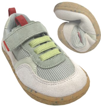 Schicke Barfuß Sneaker aus Leder & Mesh von GROUNDIES Kids Modell LOU in Green / Grey