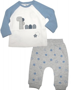 Baby Set in Weiß / Hellblau mit Dino + Schlupfhose in Grau Melange mit Sternen von MAYORAL 2690