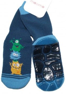 Stopper Socken, Vollfrottee, rutschfeste Silikon Sohle - 3 Eulen auf Jeansblau - von MAXIMO 338675