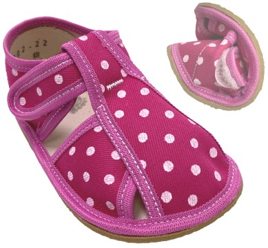 Hausschuhe / leichte Canvas Sandalen mit Klett / Barfußschuhe von BABY BARE Modell Pink Dot