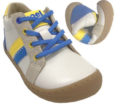 Halbhoher Leder Barfußschuh zum schnüren von KOEL in Beige / Blau / Gelb * Dallas *