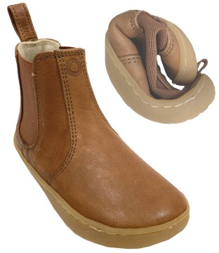 Chelsea Boots KIDS/ Barfußschuhe in Caramel Braun aus Leder mit dünnem Wollfutter MUKISHOES