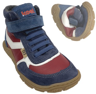 Wollgefütterte Barfußschuhe aus Leder mit TEX in Blau / Rot Trekking Sohle Modell RAMI von KOEL