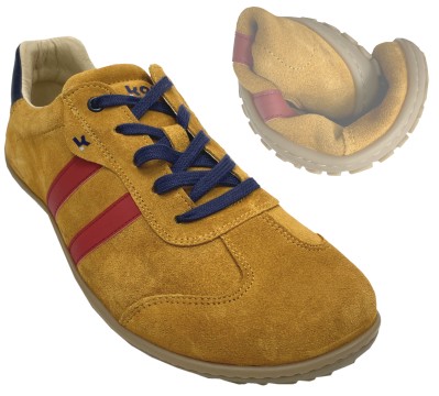 Trendige Sneaker / Barfußschuhe aus Nubukleder in Ocker Gelb mit roten Str. von KOEL &quot;ILO Suede&quot;