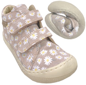 Barfußschuhe aus Leder Doppelklett Modell AMUR in Old Rose mit Gänseblümchen von NATURINO