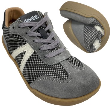 Trendige Leder + Mesh Barfuß Sneaker Zipper & Schnürung von DEVELAB 43041 in Grau