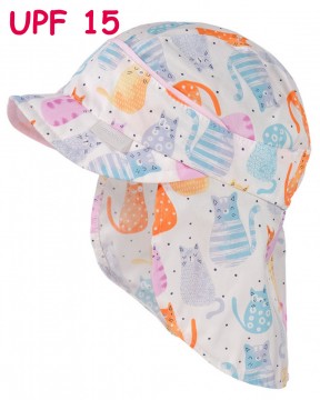 Süße Schirmmütze mit Nackenschutz in weiß mit bunten Kätzchen AOP UPF 15 v. MAXIMO 082200